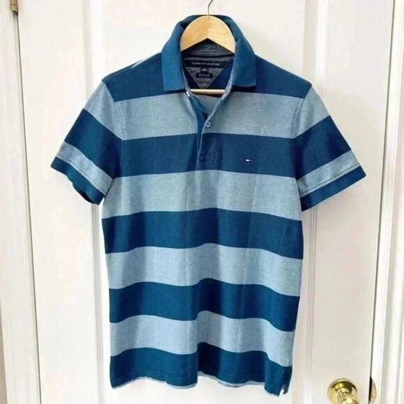 Tommy Hilfiger Mens Polo Shirt Custom Fit Short Sleeves Teal Green Stripes Small - Picture 2 of 13